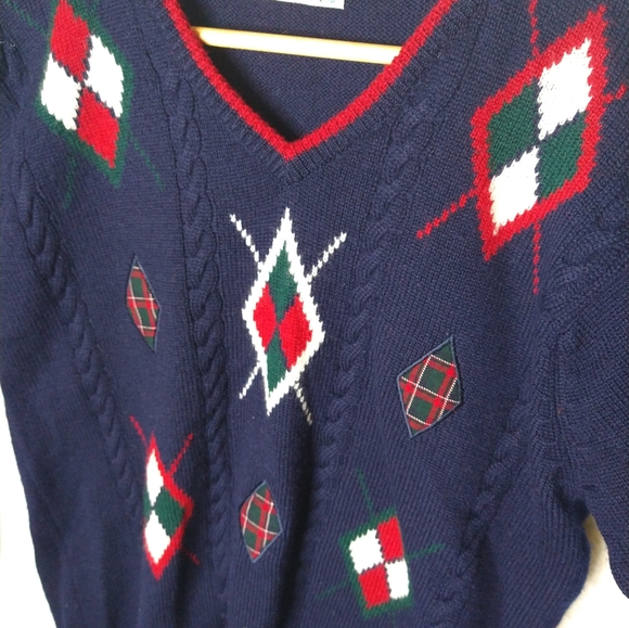 Alice Collins Navy Sweater with Argyle Design 100% Wool Women's Size Small - Picture 7 of 7